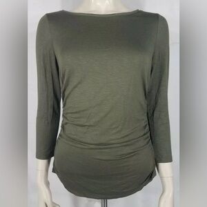 White House Black Market olive green, ruched long sleeved knit top, size medium